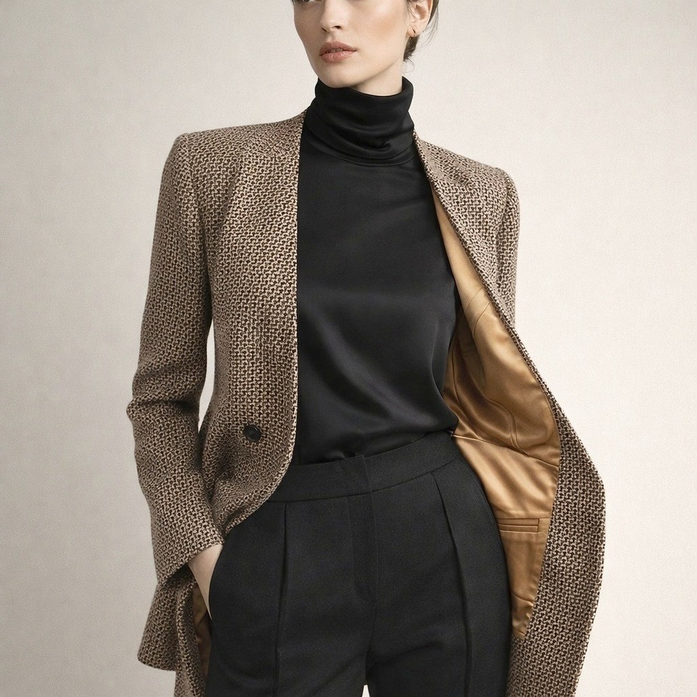 Vtg 90s MOODS BY KRIZIA Houndstooth Blazer Size 4 Wool Blend Longline Tunic USA‎